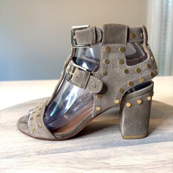 Laurence Dacade Suede Studded Block Heel Sandals Gray Taupe EU 37.5 US 7.5 Italy - Picture 2 of 13